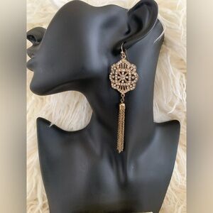 Gold Tone Dangling Jeweled Tassel Drop Earrings